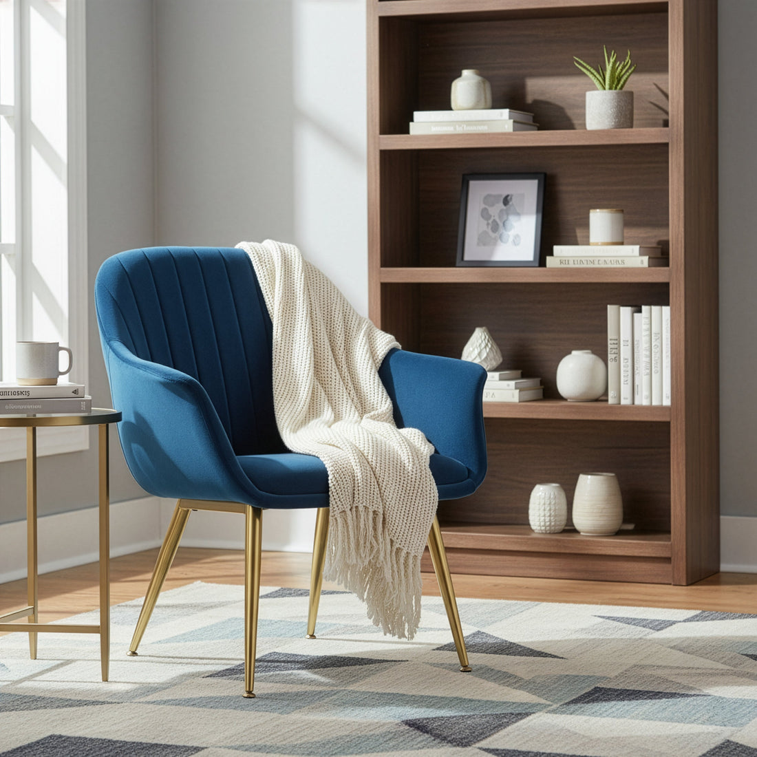 Angela Blue Velvet Accent Chair with Golden Metal Legs Stitching Accent