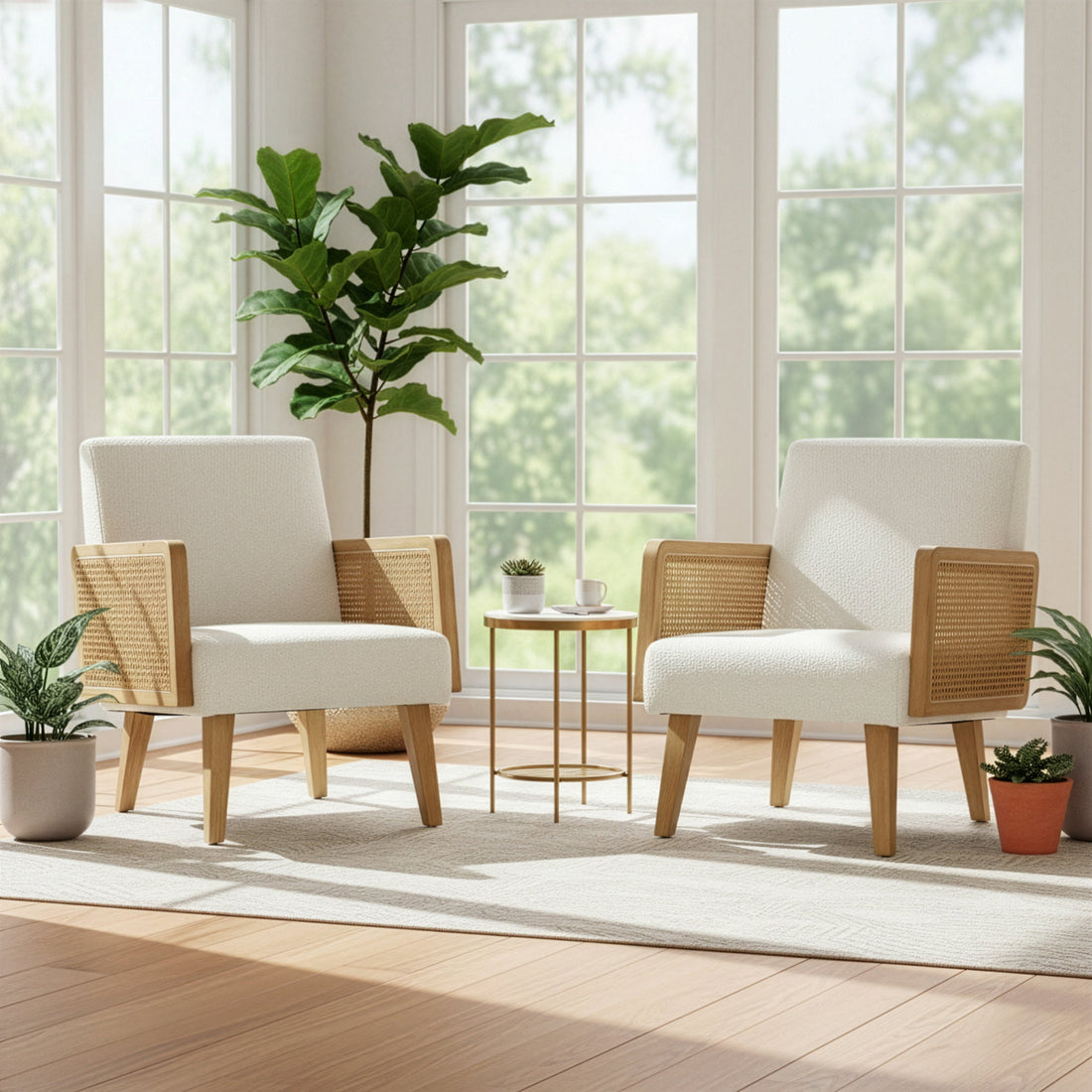 Ayaki White Woven Accent Chair with Rattan Arms
