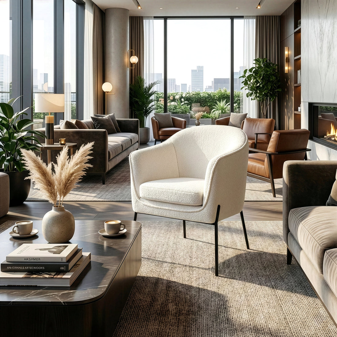Ayame Beige Boucle Accent Chair with Black Iron Legs
