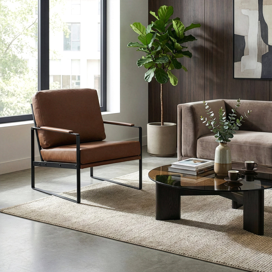 Ayume Brown Faux Leather Accent Chair with Black Iron Legs