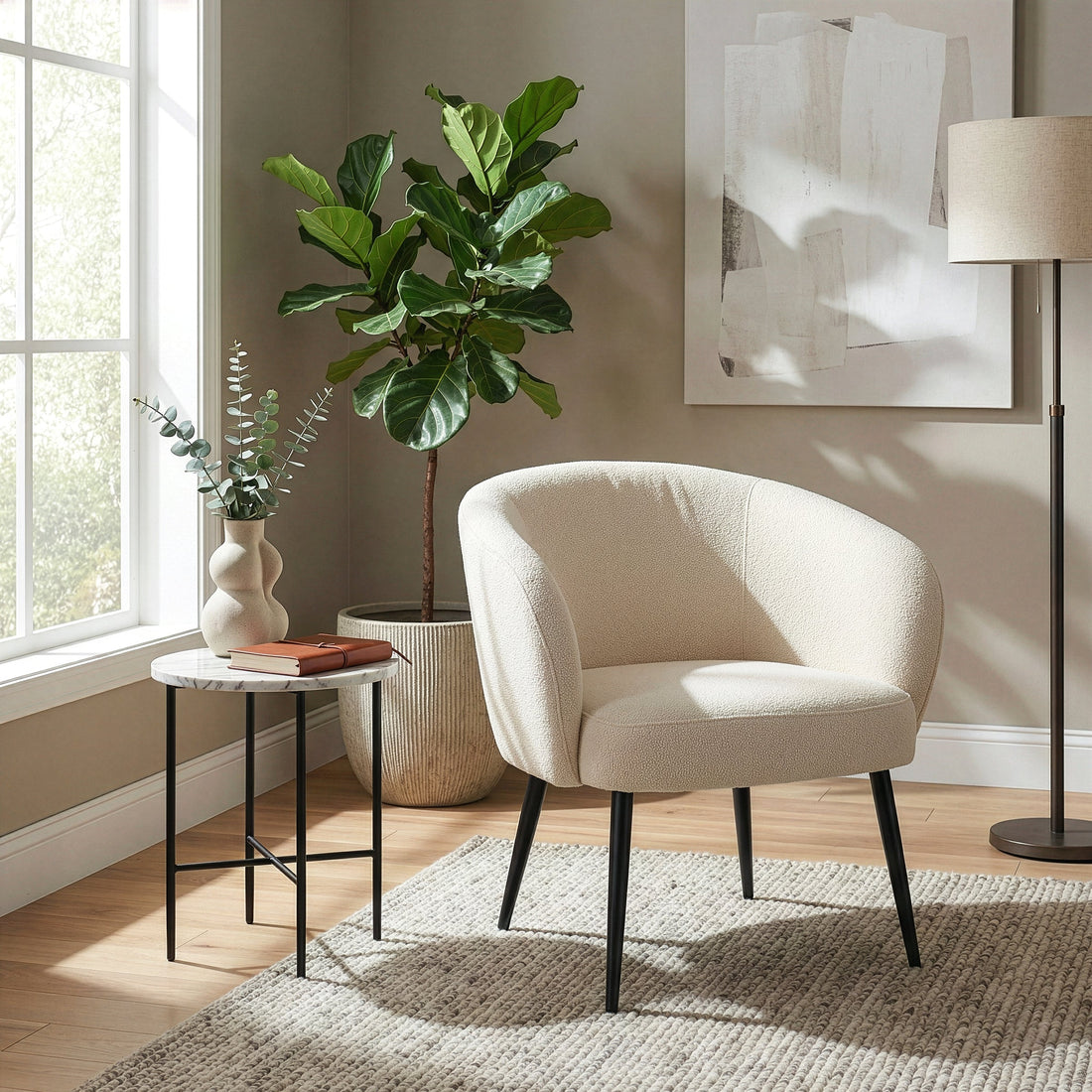 Bayan White Boucle Fabric Accent Chair with Black Iron Legs