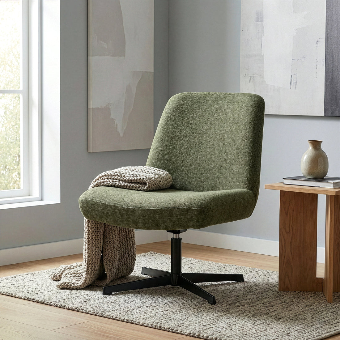 Bayard Green Linen Fabric Accent Chair with Black Swivel Legs