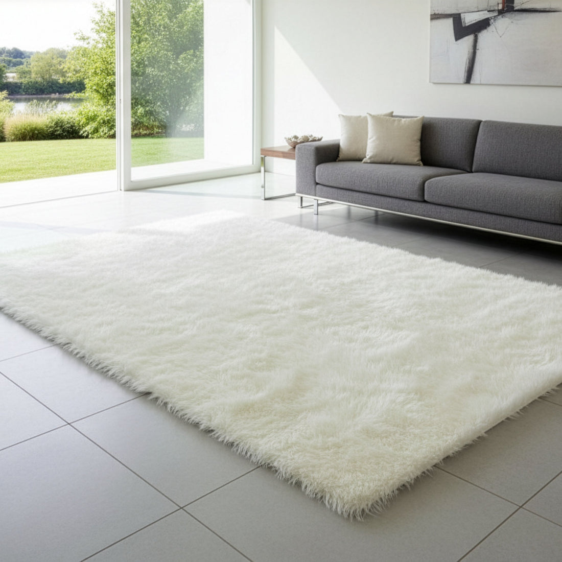 Faux Sheepskin Fur Area Rug White Rectangular 8x5