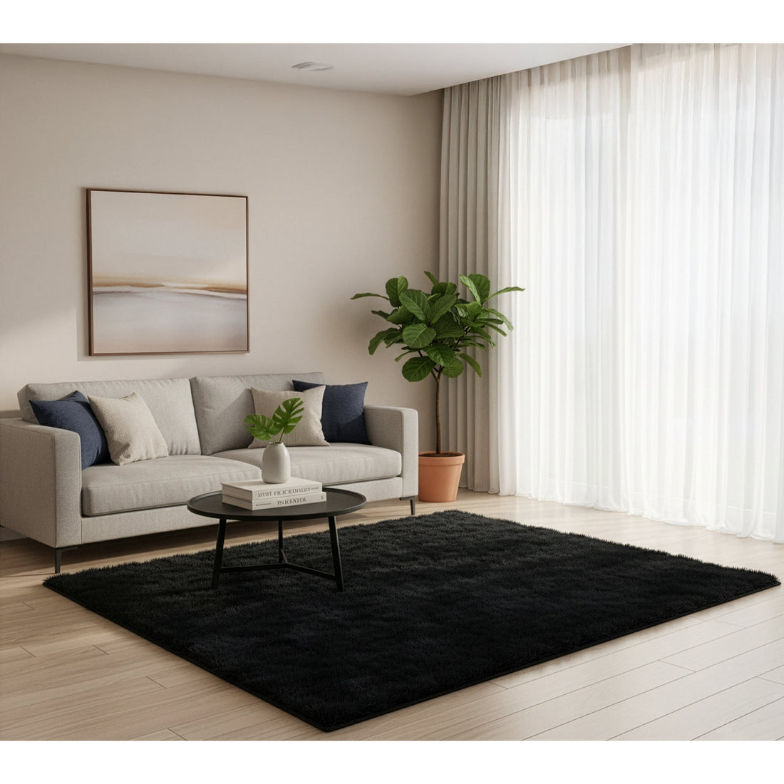 Faux Sheepskin Fur Area Rug Black Rectangular 7x5