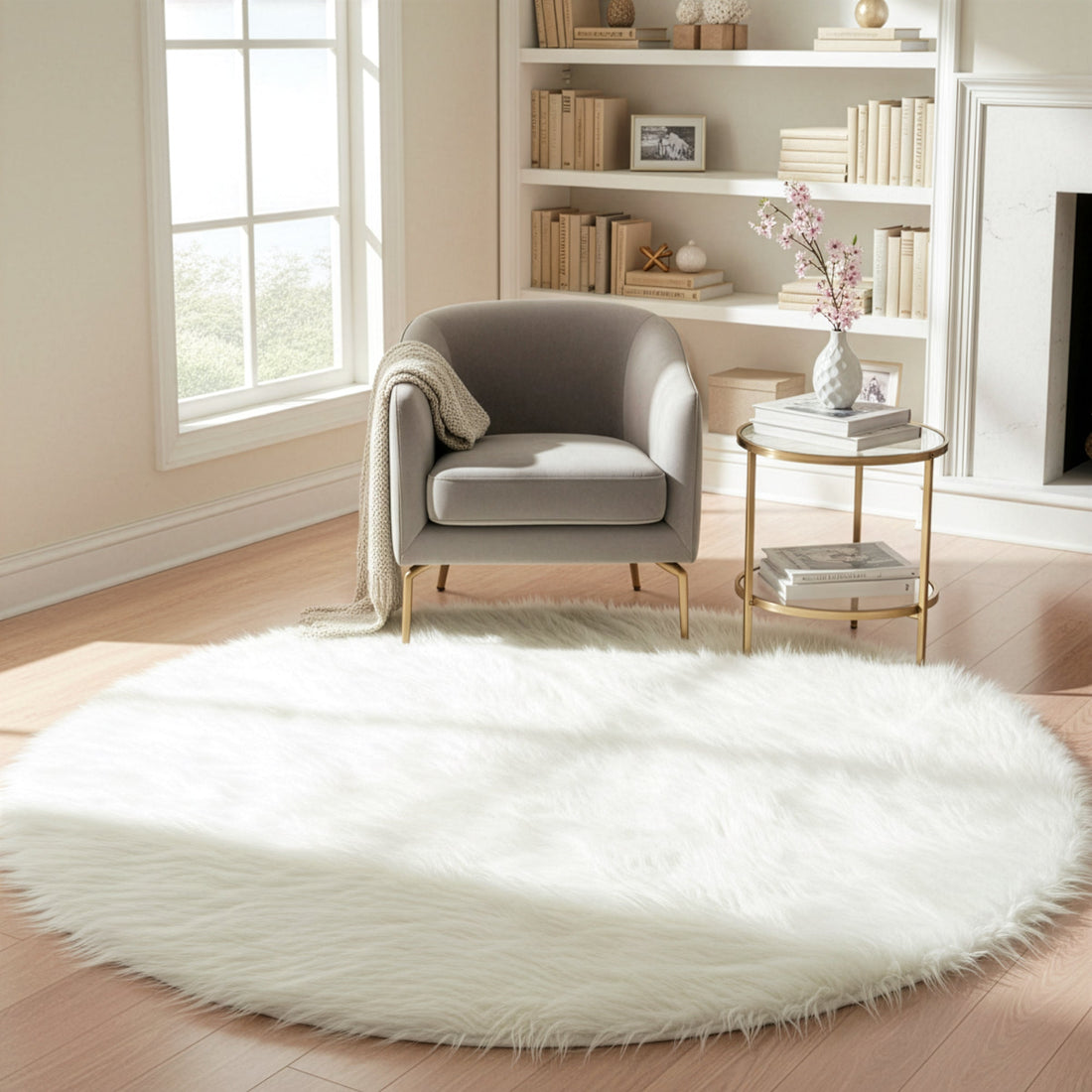 Alair White Round Faux Fur Area Rug 5 Foot Wide