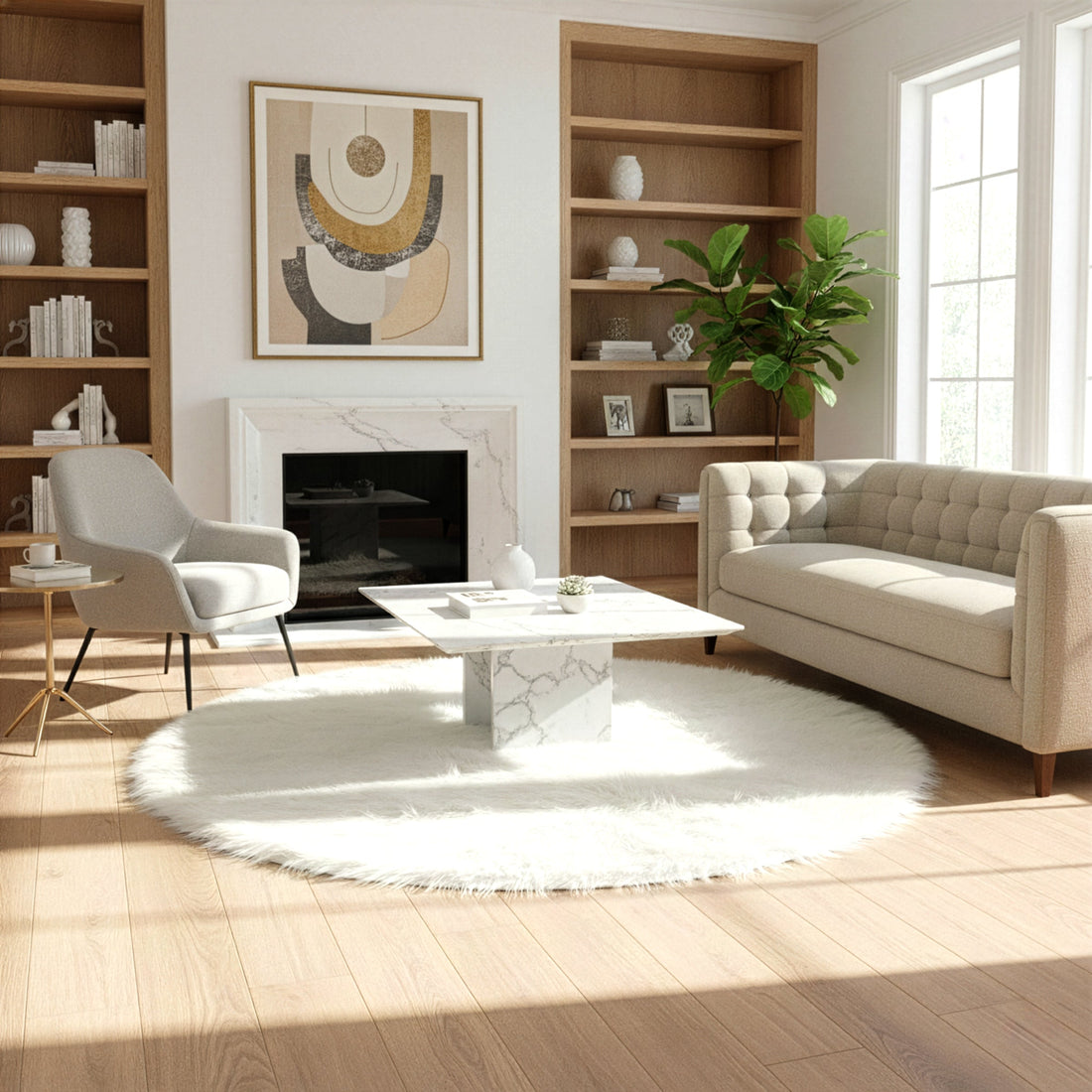 Alair White Round Faux Fur Area Rug 4 Foot Wide