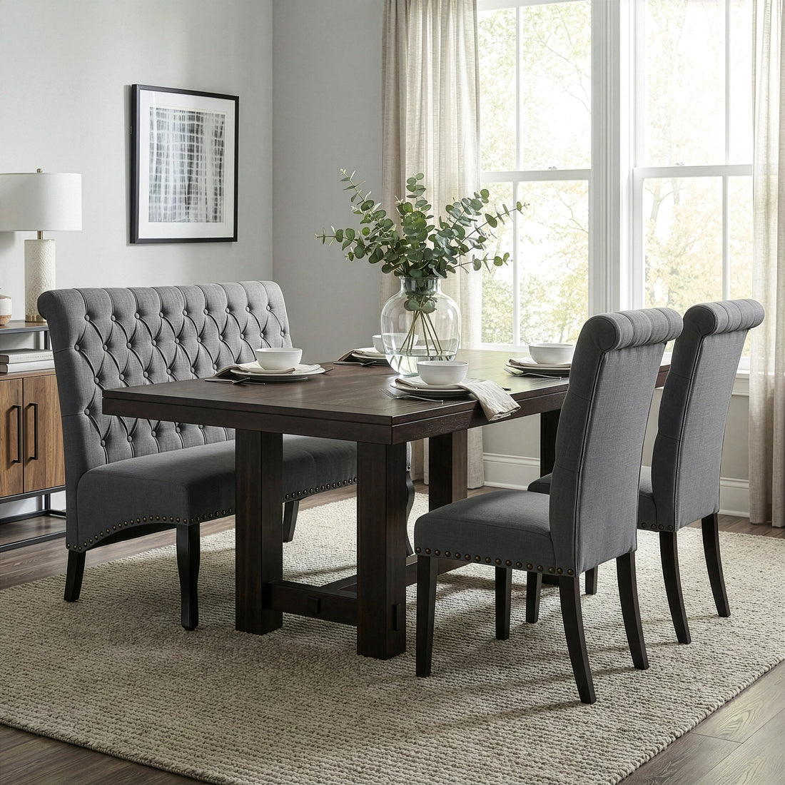 Alisa Grey Upholstered Settee Banquette Bench Loveseat with Button Tufting
