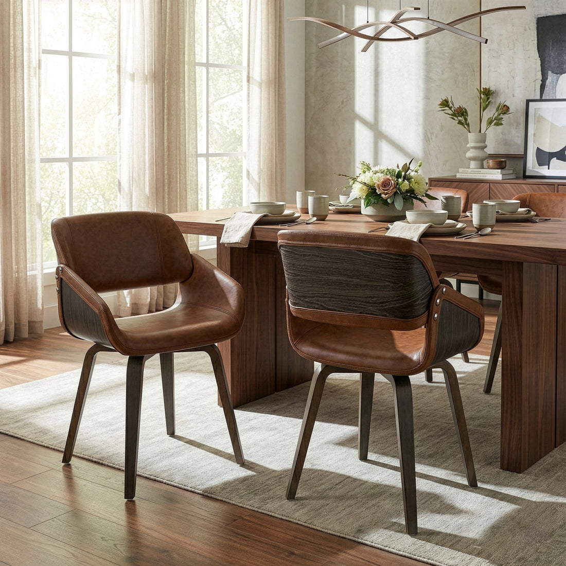 Amal Brown Upholstered Dining Chair with Grey Wood Accent and Bentwood Legs