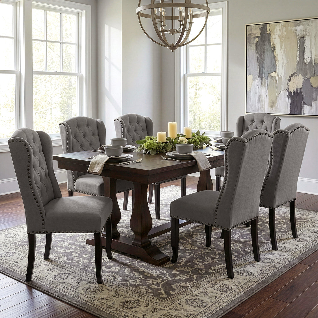 Set of 2 Alen Grey Fabric Dining Chair Wing Chair with Tufted Buttons and Nail Heads