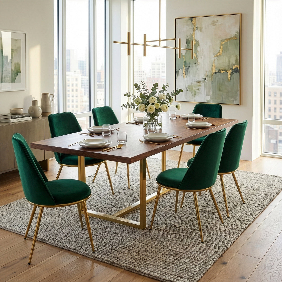 Set of 2 Anzu Green Velvet Dining Chair with Golden Metal Legs