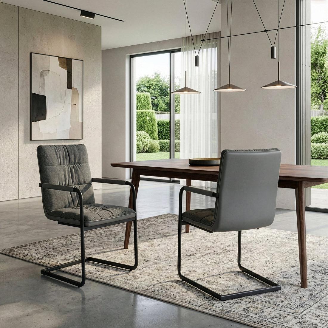 Set of 2 Araya Grey Modern Fabric Arm Chair with Black Metal Legs
