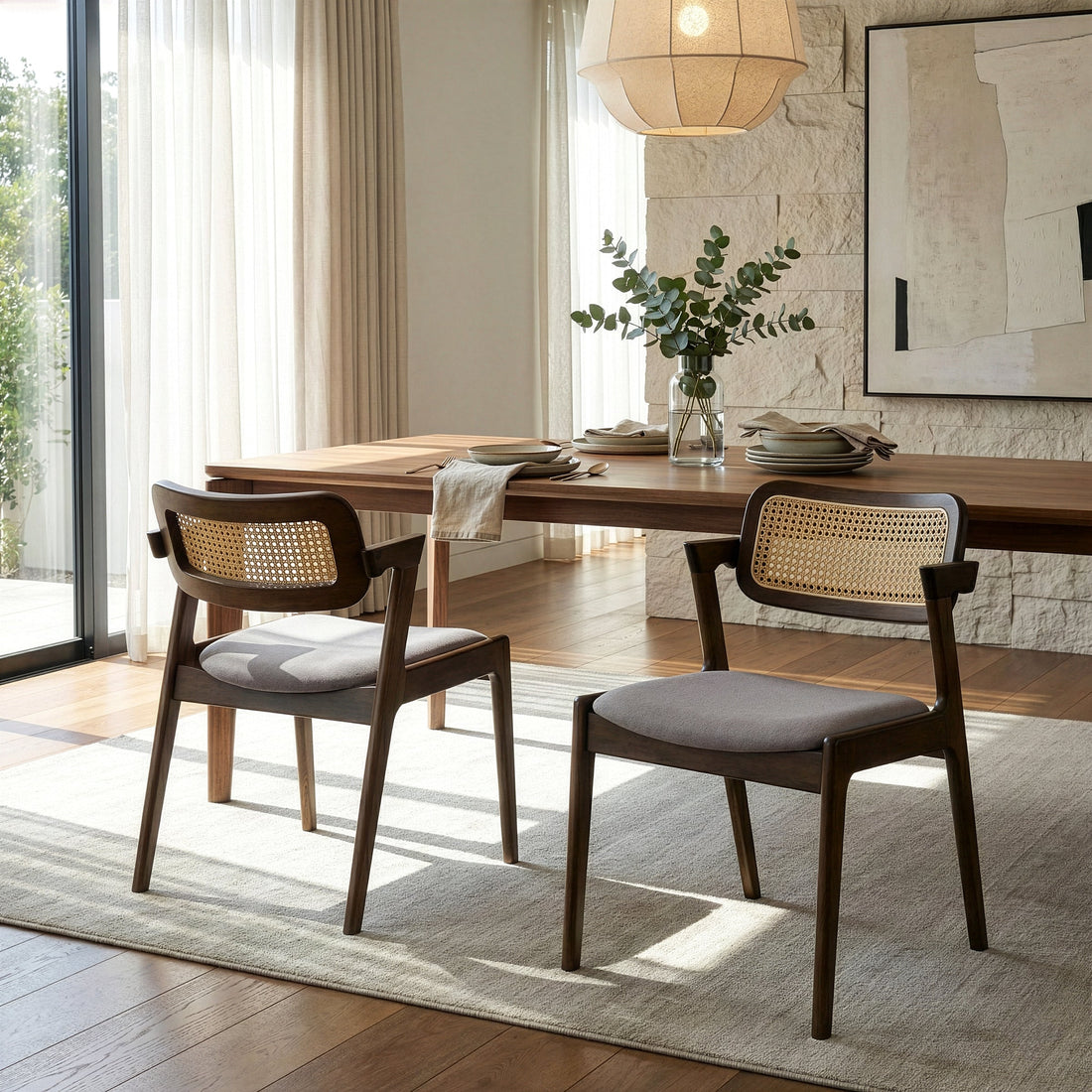 Set of 2 Azula Gray Fabric Dining Chair with Rattan Back and Walnut Wood Legs