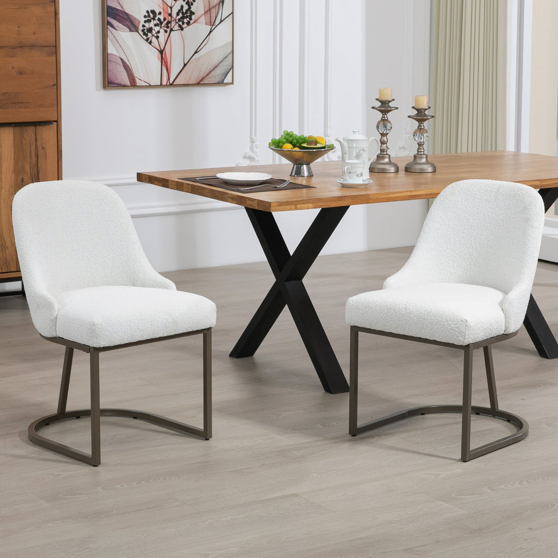 Set of 2 Ayane White Boucle Fabric Dining Chair with Iron Legs