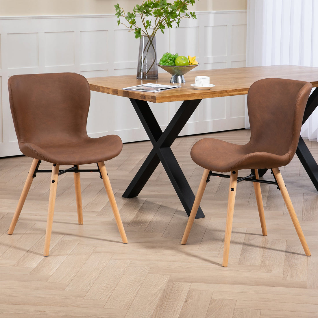 Set of 2 Banks Brown Faux Leather Dining Chair with Wood Legs