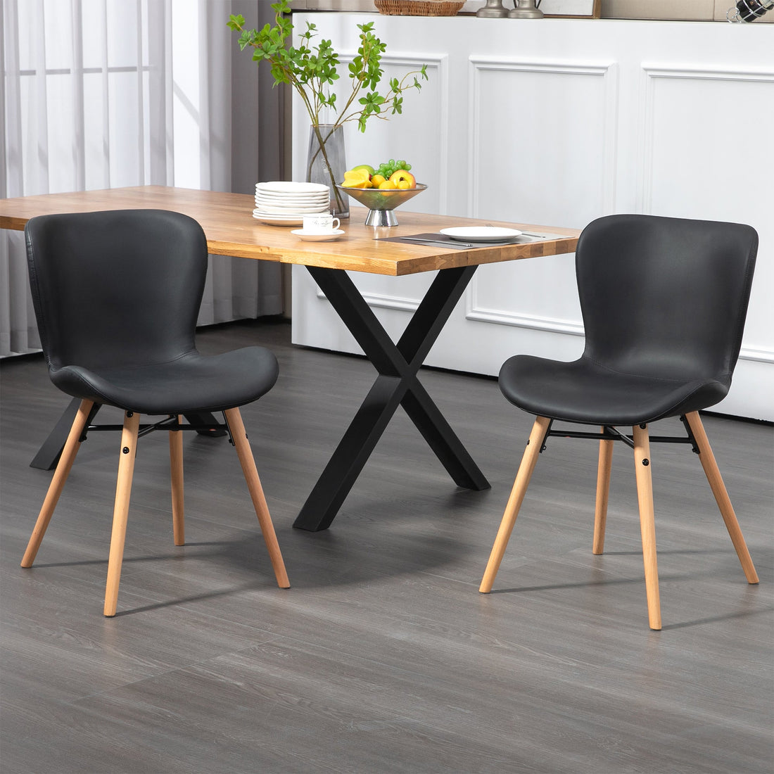 Set of 2 Banks Black Faux Leather Dining Chair with Wood Legs
