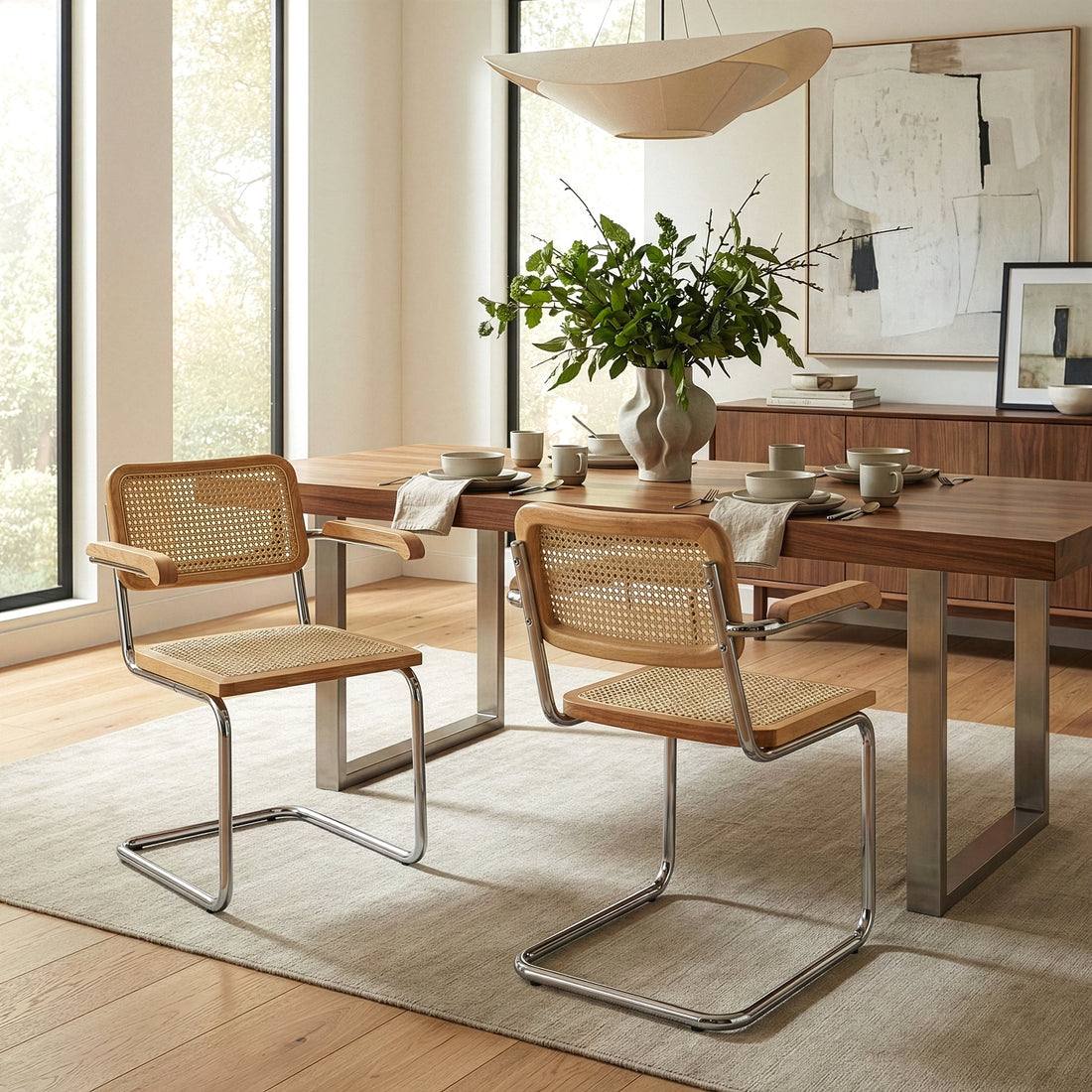 Set of 2 Barnard Natural Wooden Dining Chair with Rattan Back and Chrome Legs