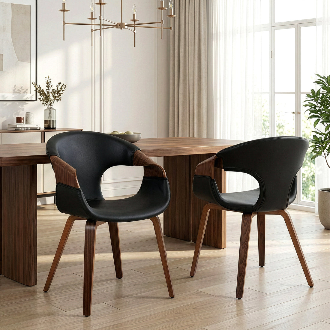 Set of 2 Baylor Black Faux Leather Dining Chair with Walnut Wooden Legs