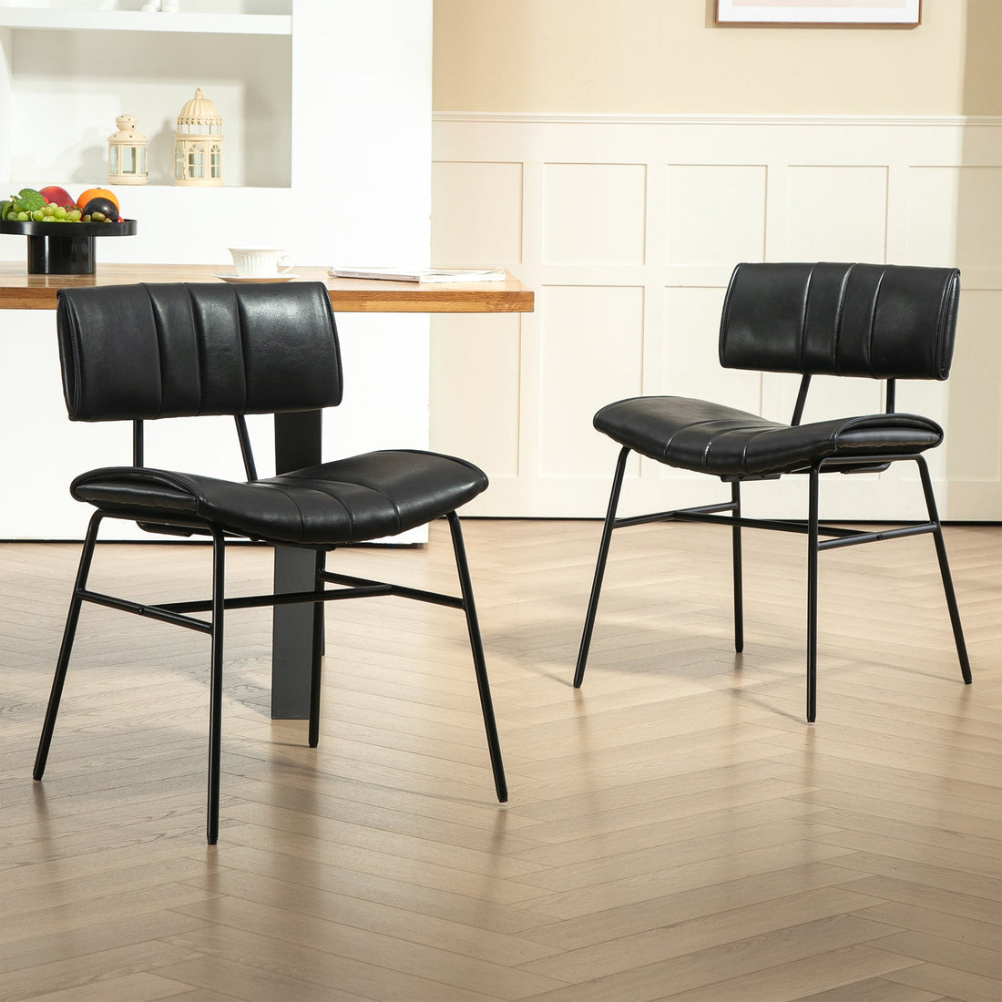 Set of 2 Belicia Black Faux Leather Dining Chair with Black Metal Legs