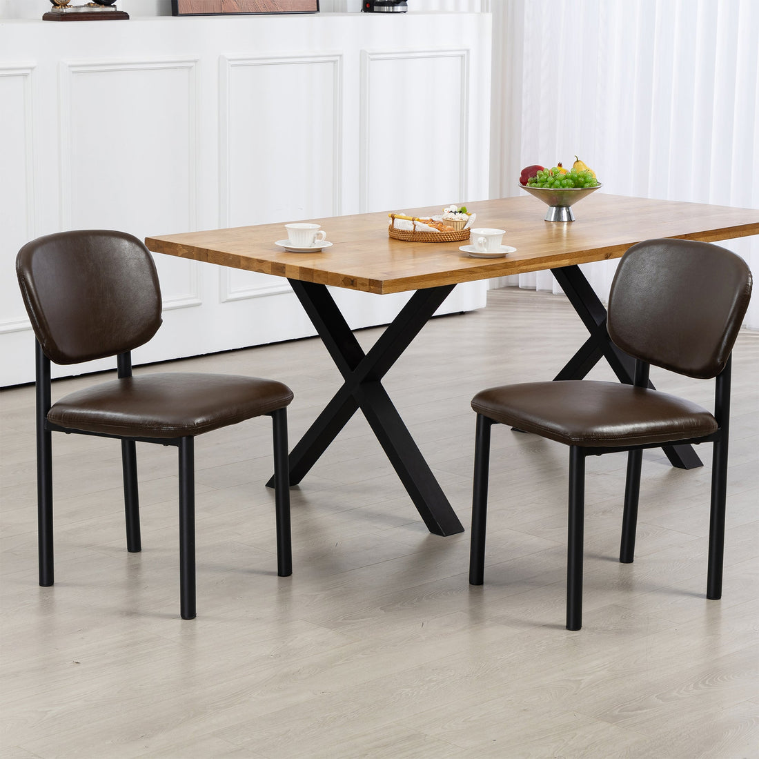 Set of 2 Berdine Dark Brown Faux Leather Upholstered Dining Chair with Black Iron Legs