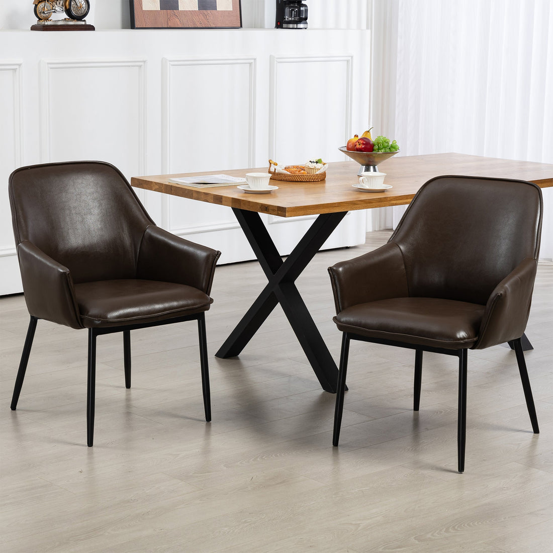 Set of 2 Berenice Dark Brown Faux Leather Upholstered Dining Chair with Black Iron Legs