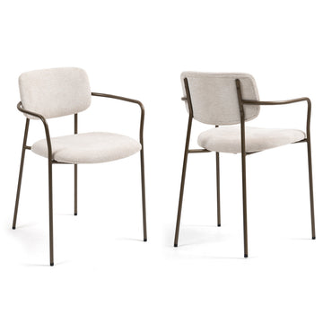 Set of 2 Bernard Beige Washed Woven Fabric Dining Chair with Iron Arms and Legs
