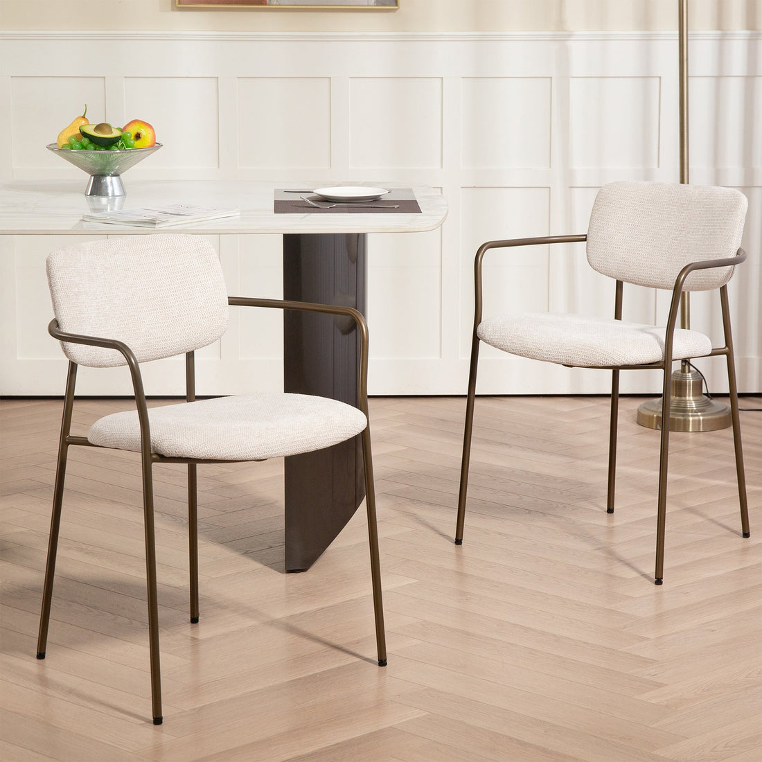 Set of 2 Bernard Beige Washed Woven Fabric Dining Chair with Iron Arms and Legs