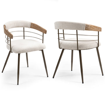 Set of 2 Betsy Beige Washed Woven Fabric Dining Chair with Natural Wood Arms and Copper Iron Legs