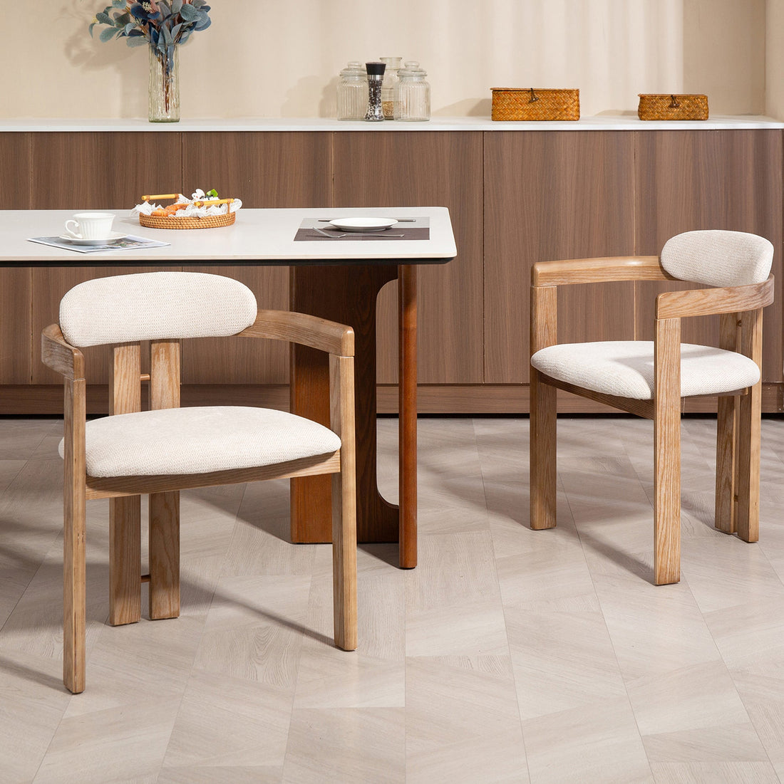 Set of 2 Berne Beige Washed Fabric Dining Chair with Natural Wood Arms and Legs