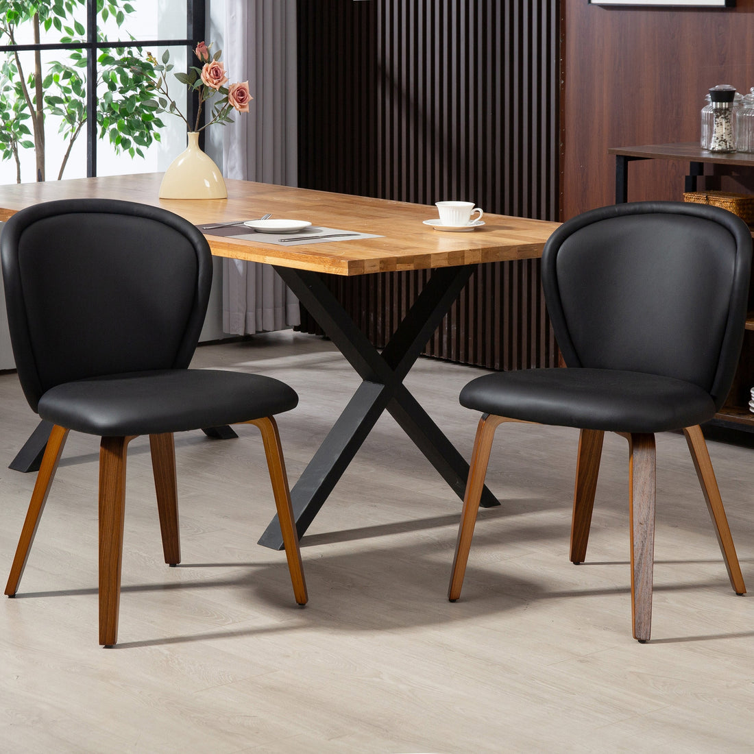 Set of 2 Bexter Black Faux Leather Dining Chair with Walnut Wood Legs