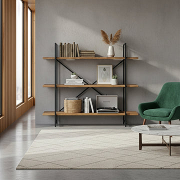 Ailis 56" Brown Pine Wood Metal Frame Etagere Three Wide Shelf Bookcase Media Center