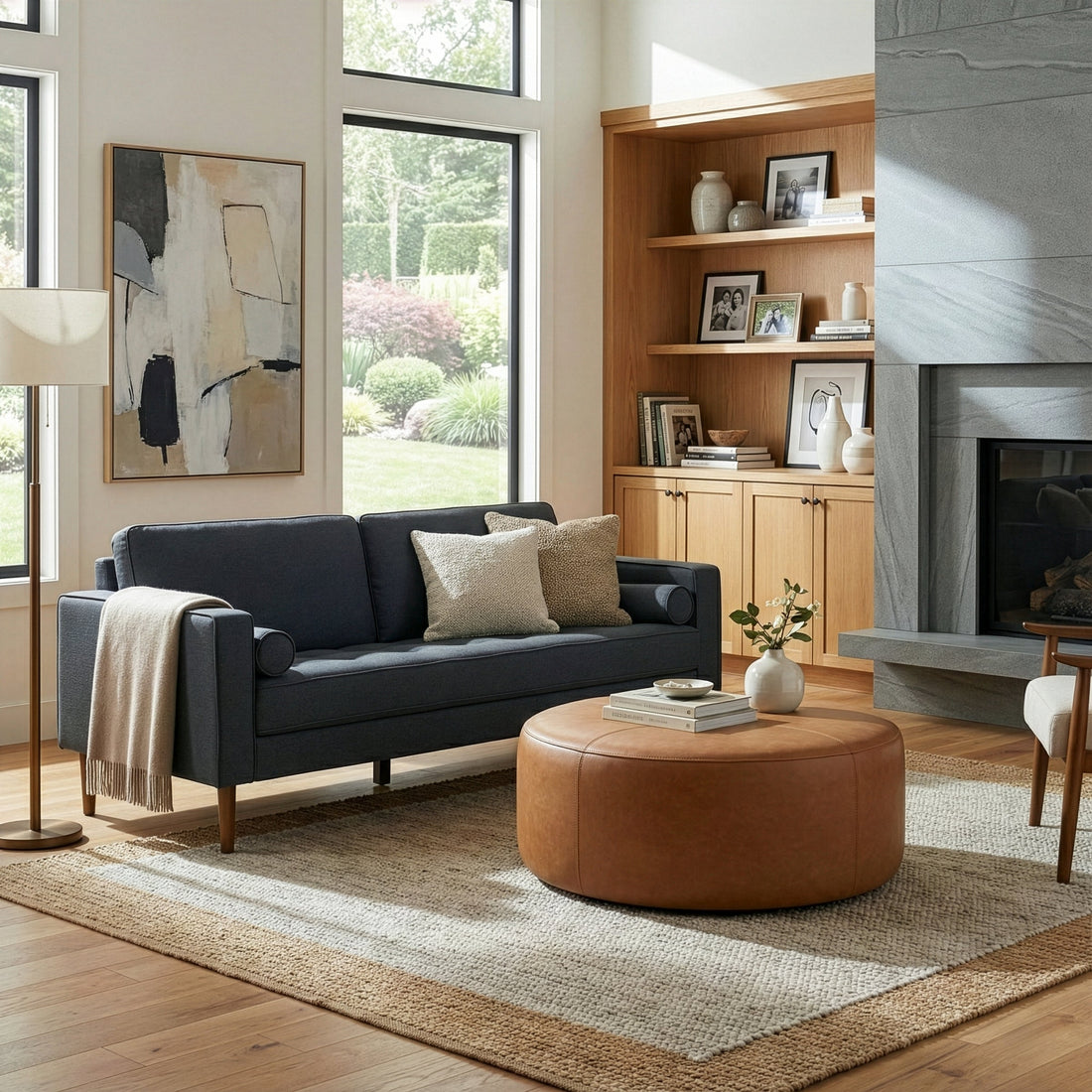 Bisera Dark Gray Twill Tufted Fabric Sofa with Wood Legs