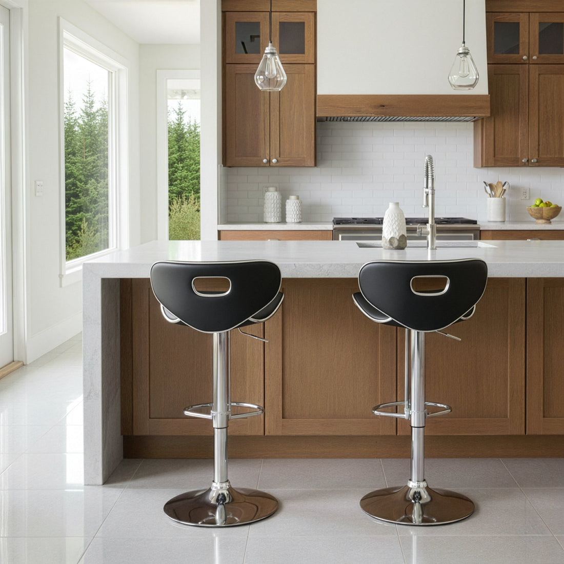 Adria Black PU Leather Chrome Frame Adjustable Height Swivel Bar Stool (Set of 2)