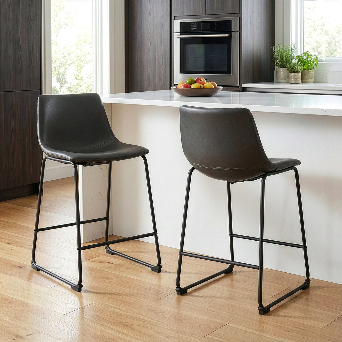Set of 2 Adan Iron Frame Vintage Gray Faux Leather Counter Stool
