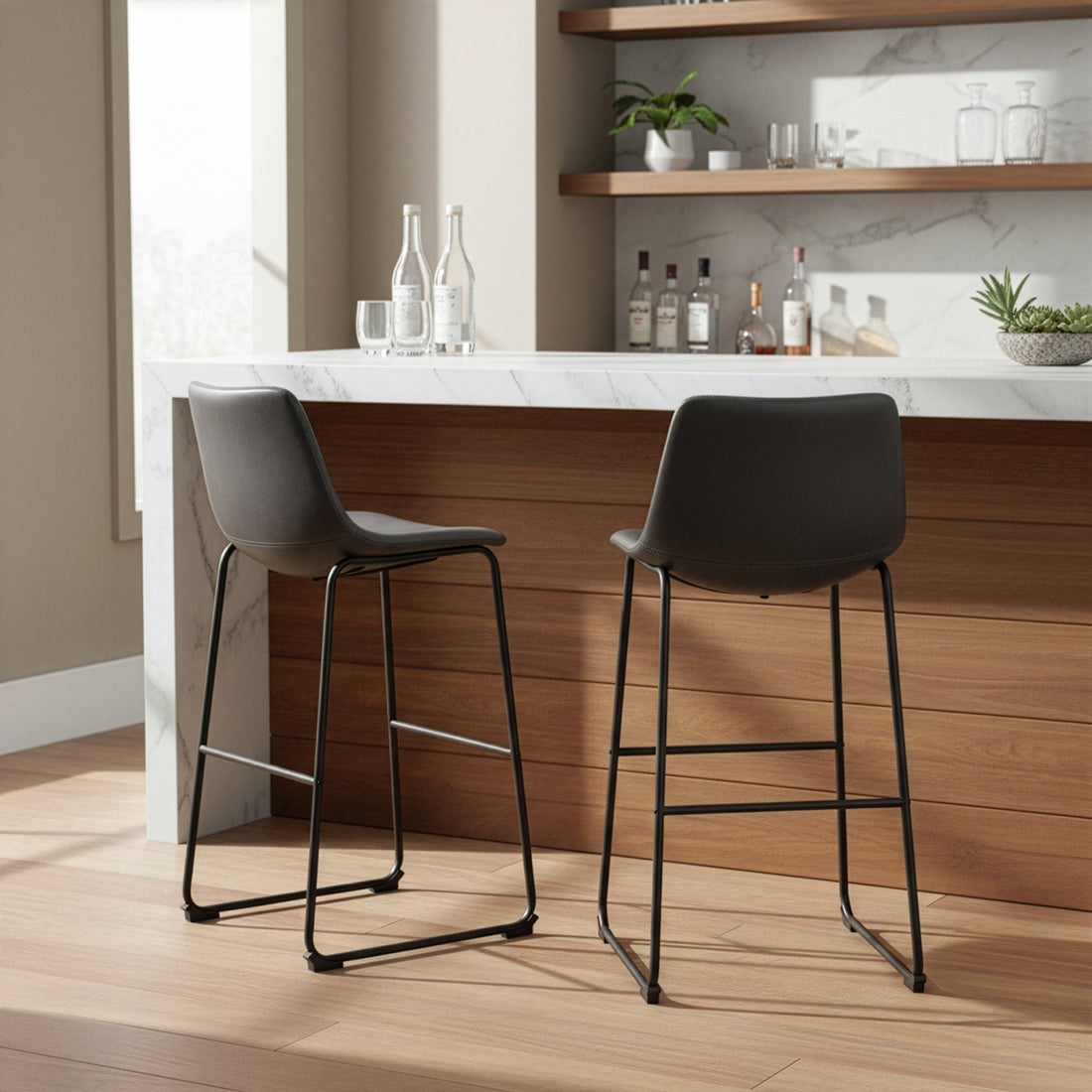 Set of 2 Adan Iron Frame Vintage Grey Faux Leather Bar Stool