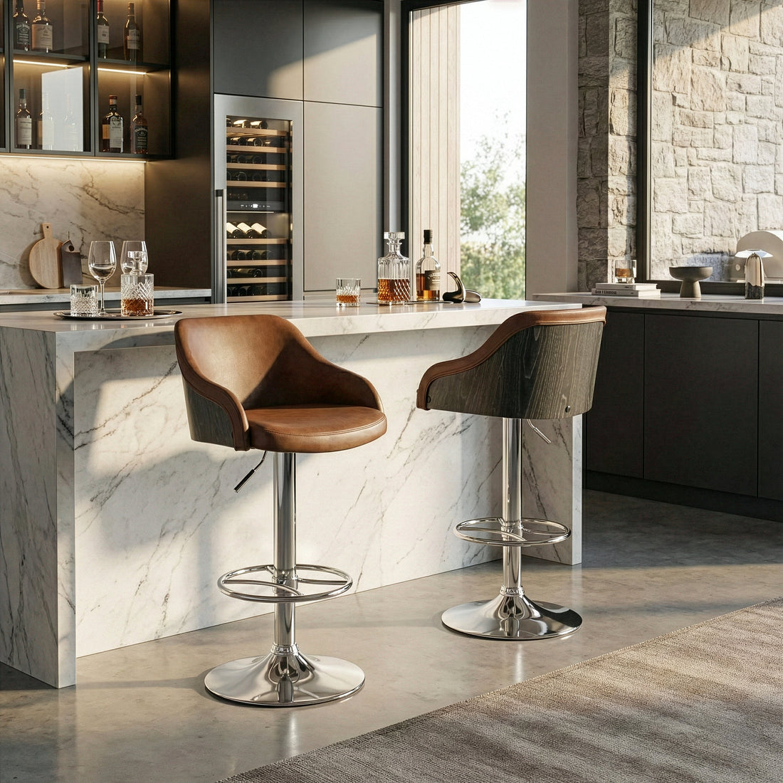 Amada Brown Upholstered Adjustable Height Barstool with Grey Plywood Back