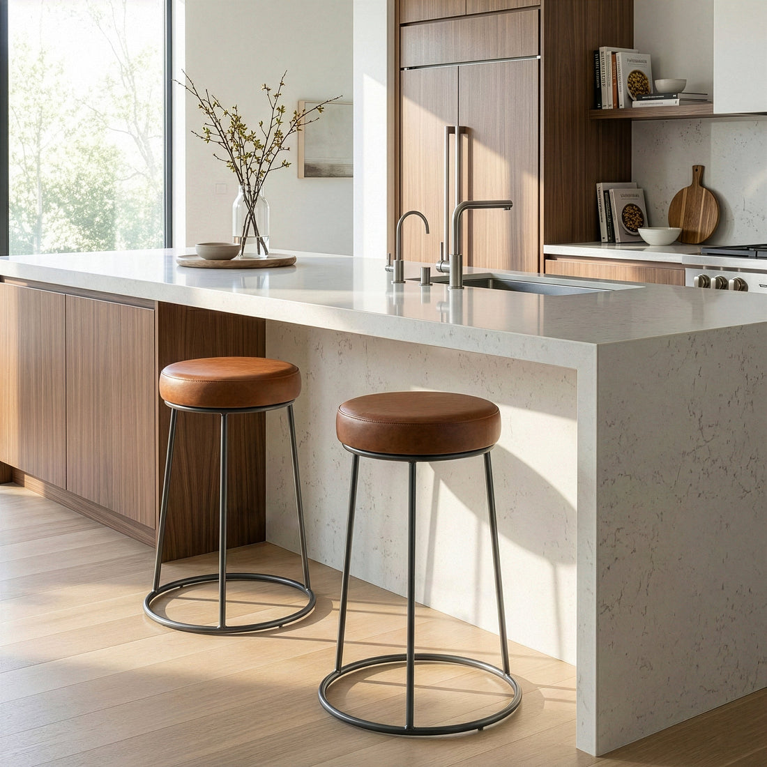 Set of 2 Amie Brown Backless Counter Stool with Gunmetal Grey Frame