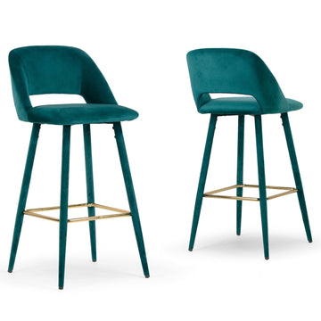 Set of 2 Anita Teal Velvet Barstool with Upholstered Legs and Golden Footrest