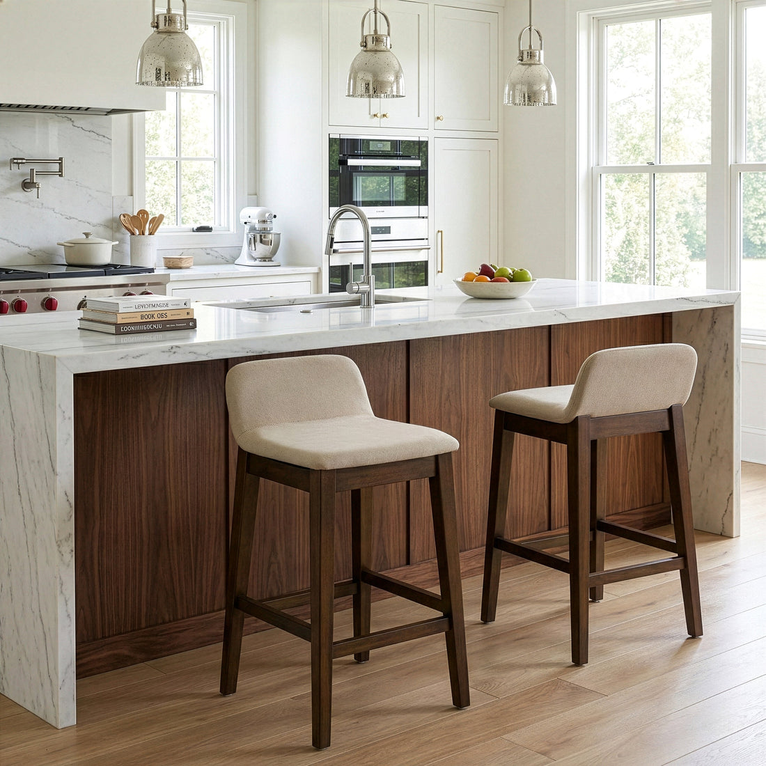 Set of 2 Atia Dark Brown Rubberwood Counter Stool with Low Back Fabric Seat