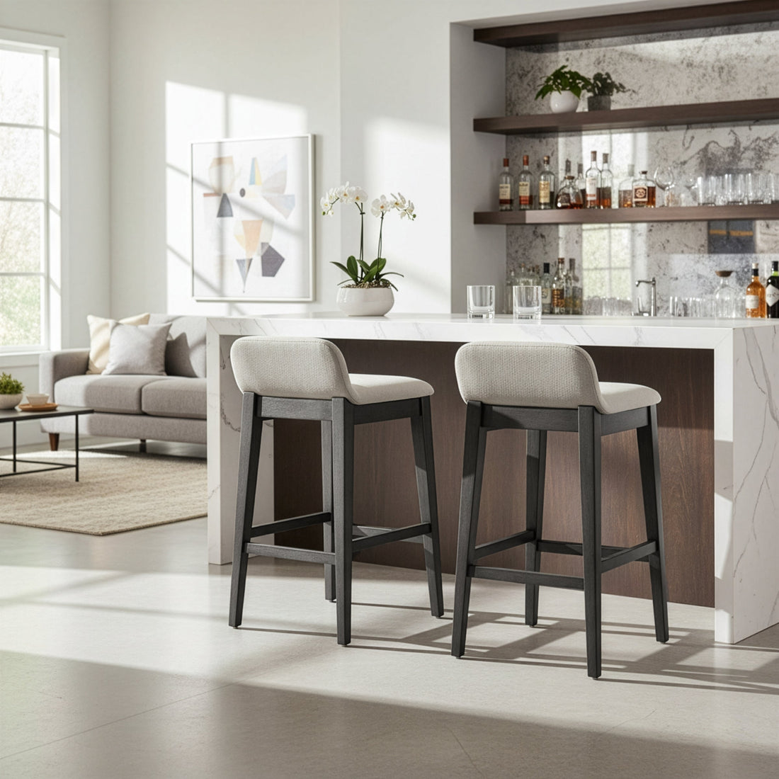 Set of 2 Atia Black Stained Rubberwood Bar Height Barstool with Low Back Fabric Seat