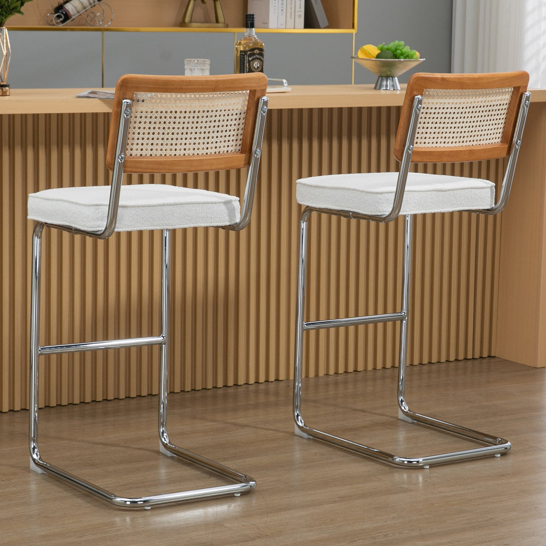 Set of 2 Ayo White Boucle Fabric Bar Stool with Rattan Backrest and Silver Steel Legs