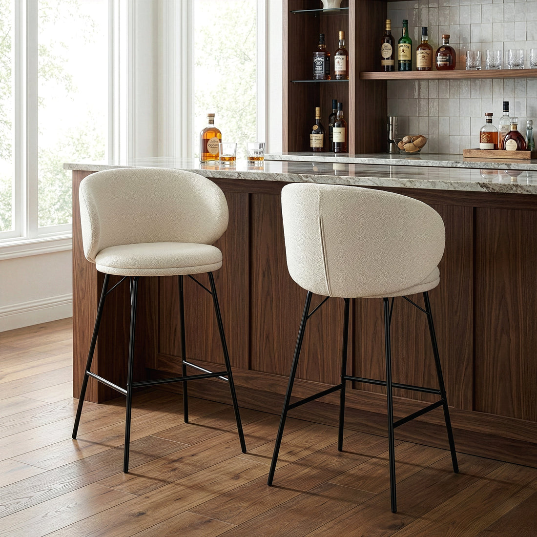 Set of 2 Baxter White Boucle Fabric Bar Stool with Black Iron Legs