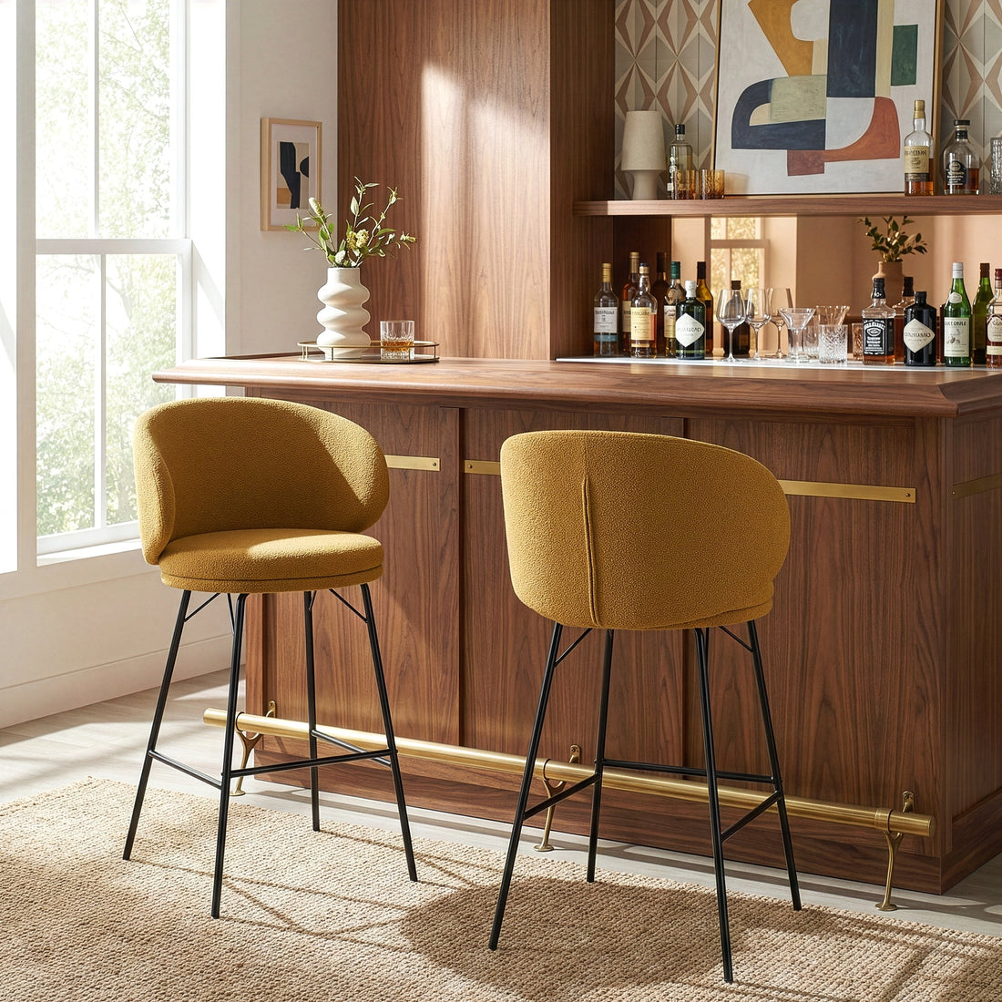 Set of 2 Baxter Brown Boucle Fabric Bar Stool with Black Iron Legs