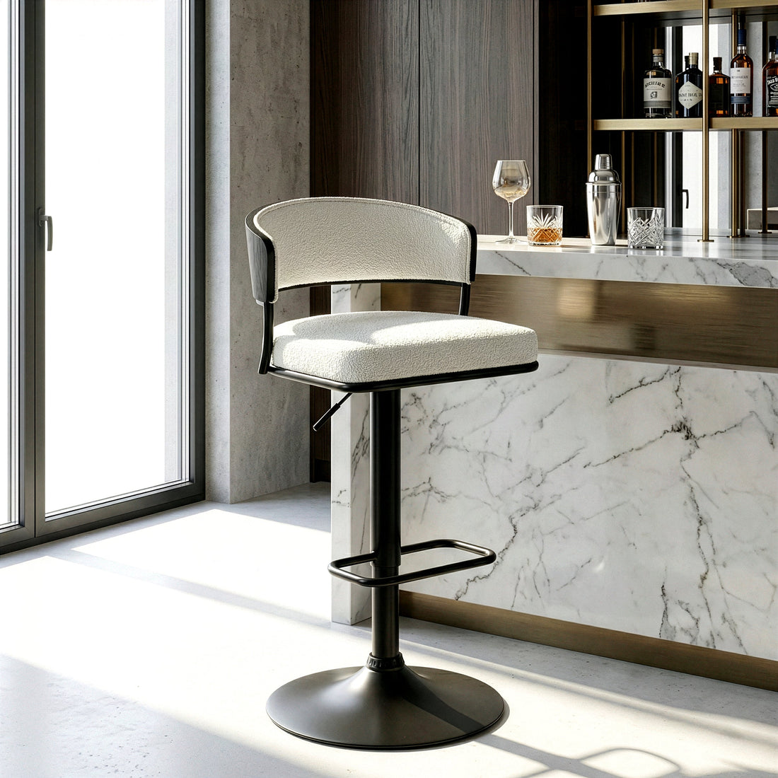 Bayle White Boucle Fabric Adjustable Bar Stool with Iron Pedestal