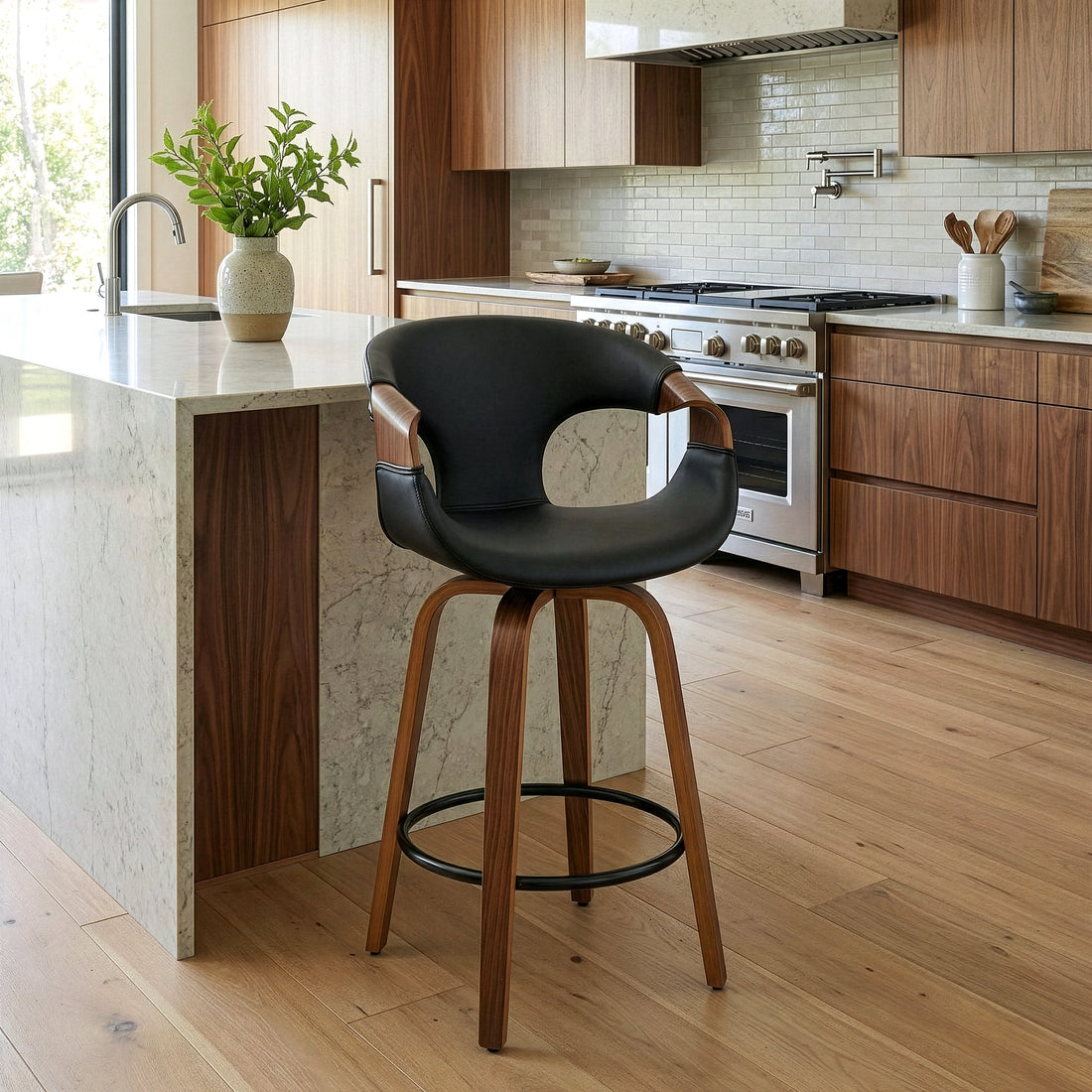 Baylor Black Faux Leather Counter Stool with Walnut Wooden Legs