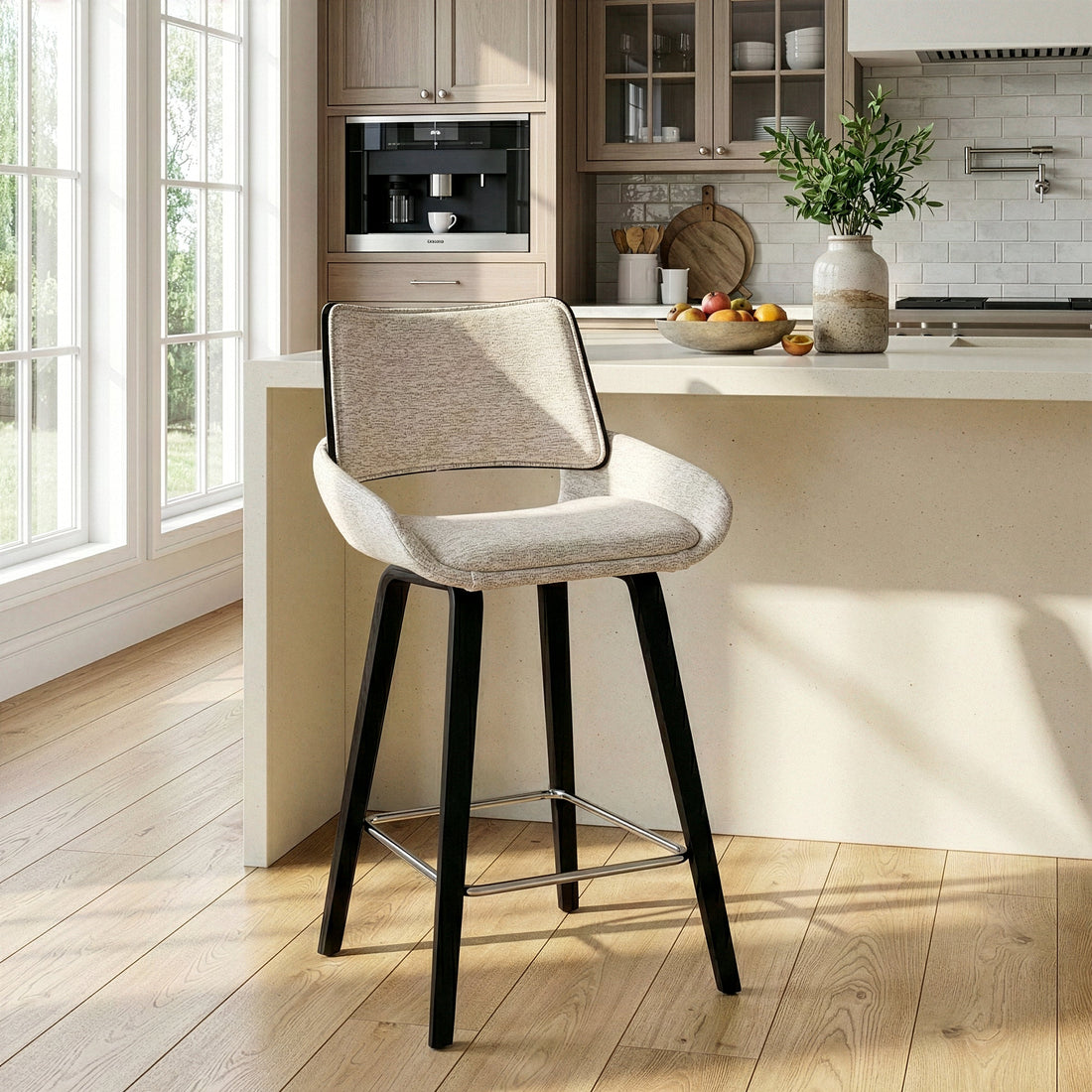 Bea White Two-Toned Linen Fabric Counter Stool with Black Wood Legs