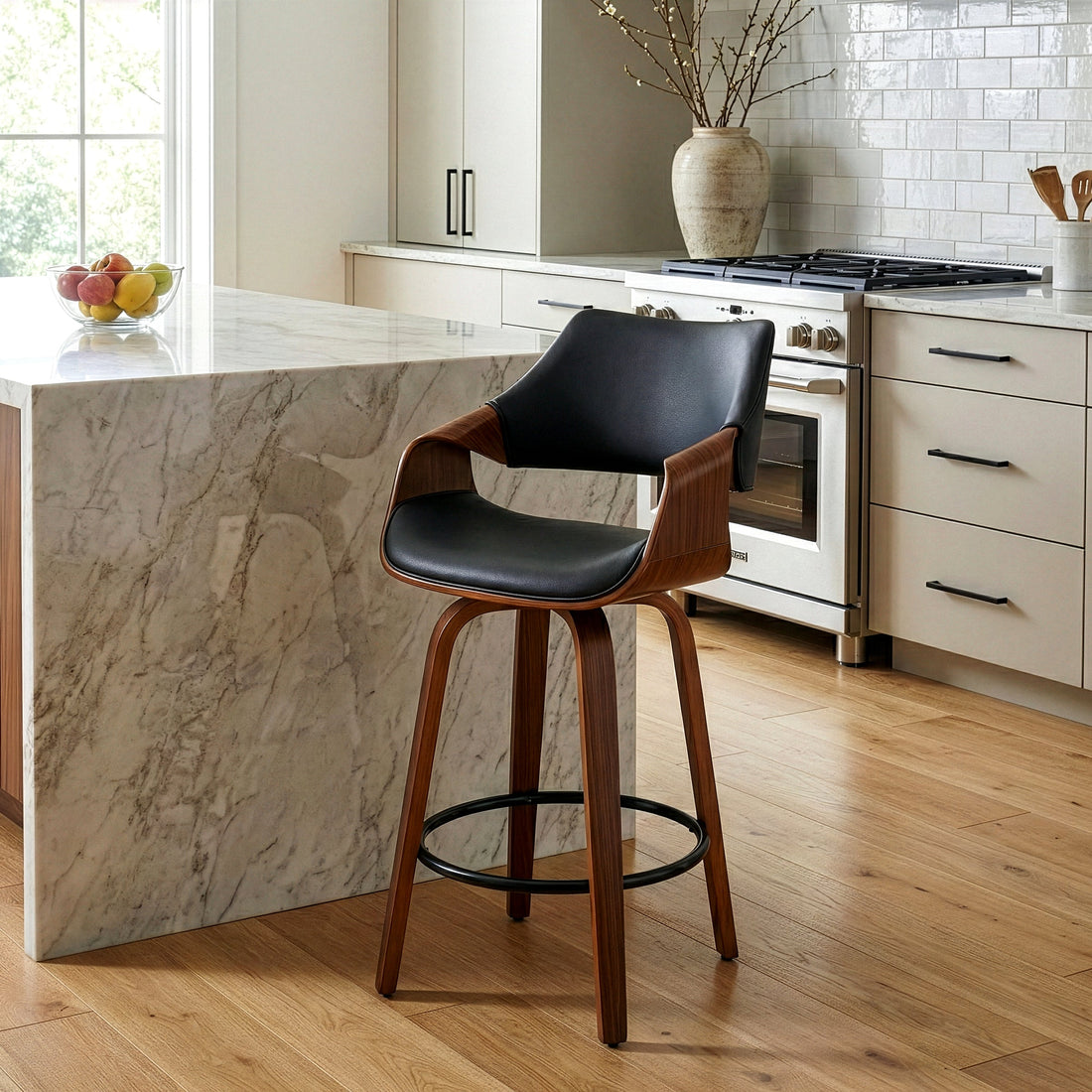 Beasley Black Faux Leather Counter Stool with Walnut Wood Legs