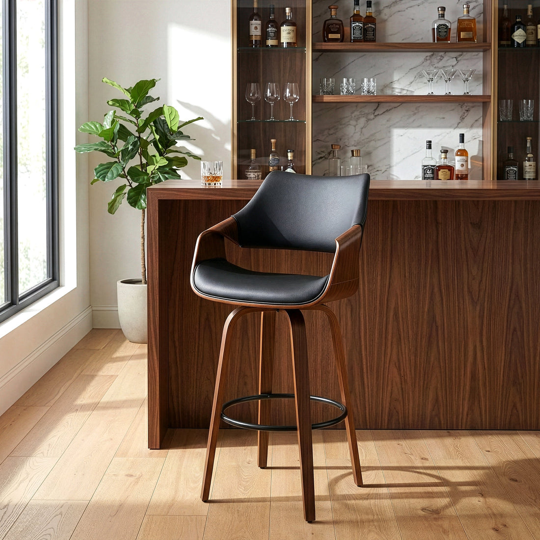 Beasley Black Faux Leather Bar Stool with Walnut Wood Legs