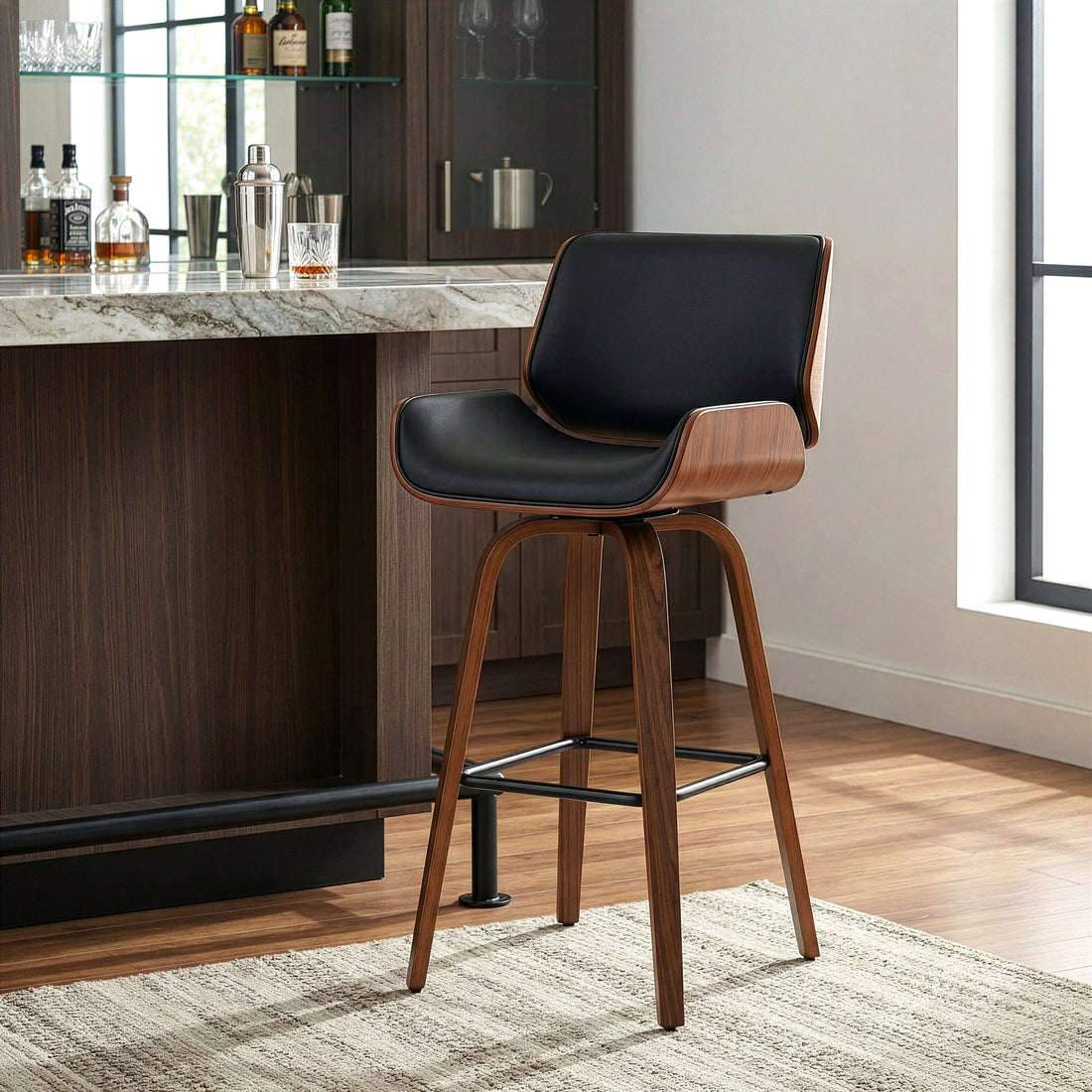 Beate Black Faux Leather Bar Stool with Walnut Wood Legs