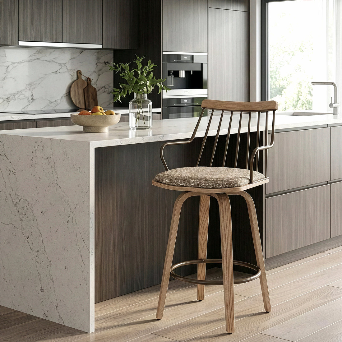 Beatrice Brown and White Woven Fabric Counter Stool with Natural Wood Legs