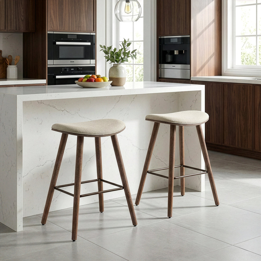 Set of 2 Beatriz Beige Woven Fabric Counter Stool with Wood Legs